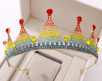 Colorful Rainbow Colour Rhinestone Red Yellow Blue Turquoise Tiara Bridal Wedding Prom Sweet 16 Hair Accesories