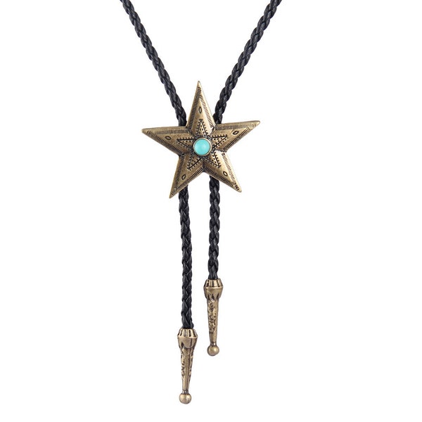 Southern America Star Turquoise Gemstone Fuax Leather Metal Ajustable Bolo Tie Cow Boy Accesories