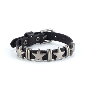Black Leather Bracelet Wristband Silver Star Metal Hardware linked