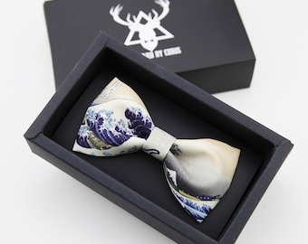 Japanese Kaiga Visual Art Landscape Ocean Wave Sikly Bow Tie in Gift Box Grooms Men Bow Tie Gift Bachelor Party