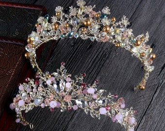 Bridal Tiara Golden Pearl Pink Saphire Tourmaline Colour Rhinestone Wedding Hair Accessories