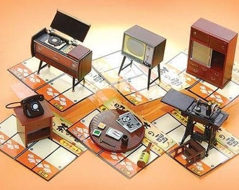 Collectable Japanese Showa Period Vintage Style Dollhouse Furniture Living Room TV Sewing Machine Radio Phonograph Telephone Tea Set Magnate