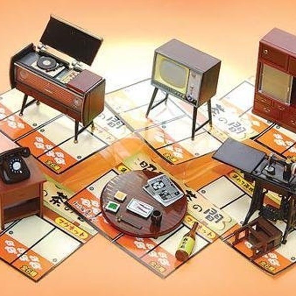Meubles de maison de poupée de style vintage japonais de l'époque Showa, meubles de salon, télévision, machine à coudre, radio, phonographe, téléphone, service à thé, magnat