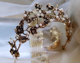 Baroque Vintage Gothic Style Gold Leaf Pearl Wedding Bridal Prom Party Bridal Shower Sweat 16 Tiara Crown Head Wreath