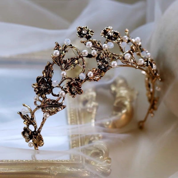 Baroque Vintage Gothic Style Gold Leaf Pearl Wedding Bridal Prom Party Bridal Shower Sweat 16 Tiara Crown Head Wreath