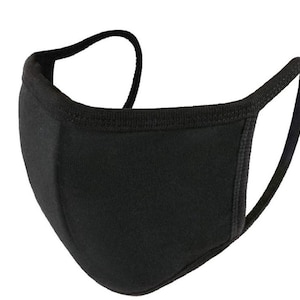 May include: A black cotton face mask with elastic ear loops. The mask is plain and has no design.