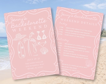 Pink Line-Drawing Beach Bachelorette Invitation – Editable Canva Template (5x7” Digital Download)