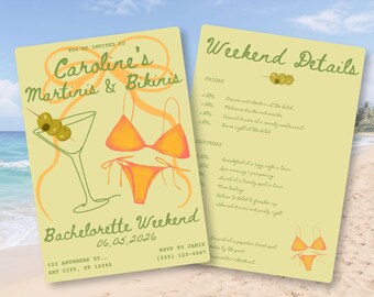 Martinis & Bikinis Beach Bachelorette Invitation – Editable Canva Template (5x7” Digital Download)