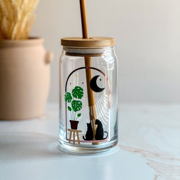 Plant Mama, Cat Mama, Moon Glass Can with Lid and Straw