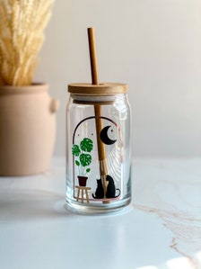 Plant Mama, Cat Mama, Moon Glass Can with Lid and Straw