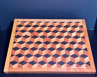 3D Cutting Board – Handmade End Grain Wood Butcher Block in Walnut, Cherry & Maple – Optical Illusion Cube Pattern – Unique Kitchen Gift