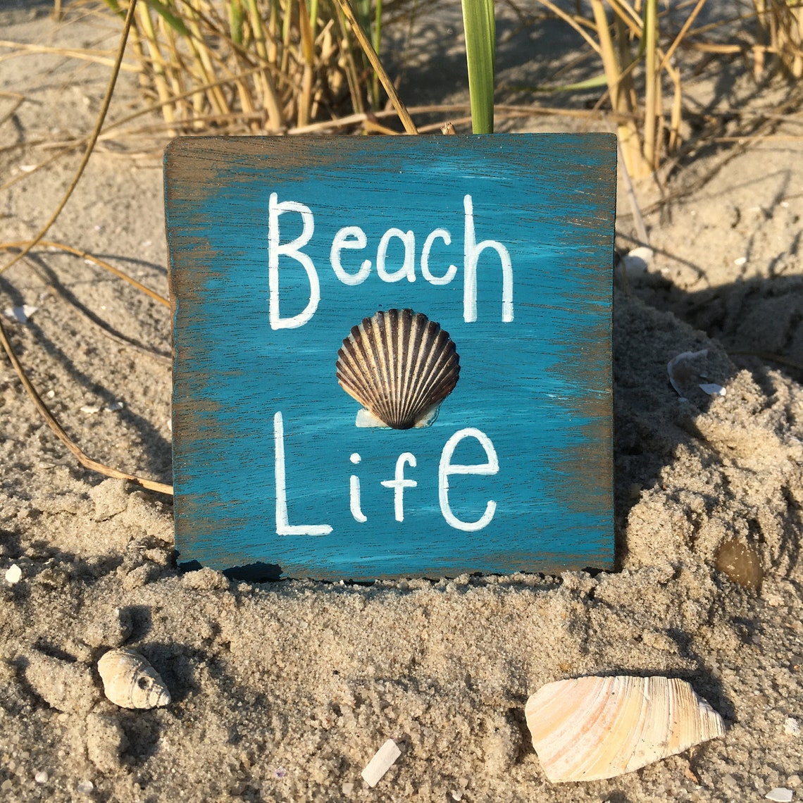 Hand painted Beach Life wood sign with Seashell Etsy