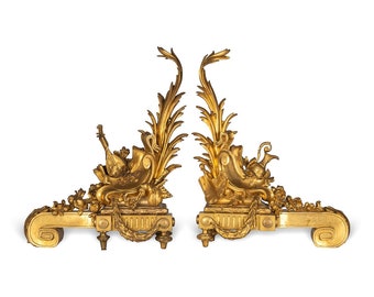 Antique 19th Century French Pair Of Ormolu Bronze Fireplace Chenets, c.1840