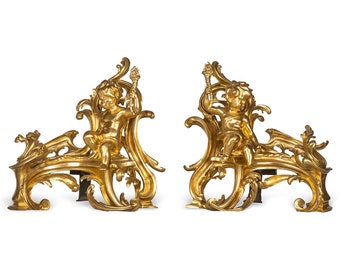 Antique 19th Century French Pair Of Ormolu Bronze Fireplace Chenets, c.1850