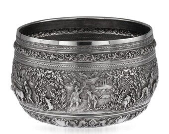 19e-eeuwse uitzonderlijke Birmese massief zilveren handgemaakte kom ca.1880