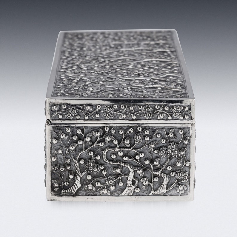 Antique 19th Century Chinese Export Solid Silver Cherry Blossom Box, Wang Hing c.1890 image 6