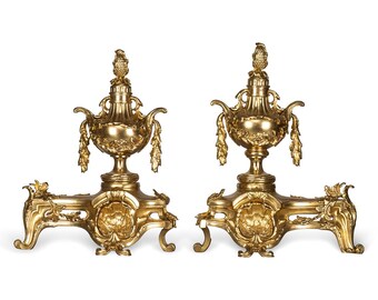 Antique 19th Century French Pair Of Ormolu Bronze Fireplace Chenets, c.1840