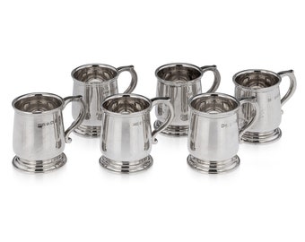 Antique 20th Century Set Of Six Solid Silver 'Tankard' Shot Cups, Walker & Hall, c.1926