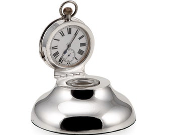 Antique 20thC Edwardian Solid Silver & Glass Inkwell With Clock, Chester, c.1907