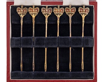 British 20th Century Solid Silver 6 Cased Royal Cocktail Picks, c.1977