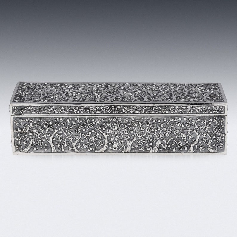 Antique 19th Century Chinese Export Solid Silver Cherry Blossom Box, Wang Hing c.1890 image 5