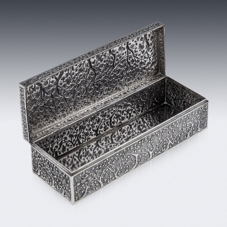 Antique 19th Century Chinese Export Solid Silver Cherry Blossom Box, Wang Hing c.1890 image 10