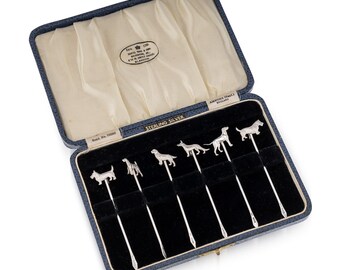 British 20th Century Solid Silver 6 Cased Cocktail Picks, Dog Breeds, c.1934