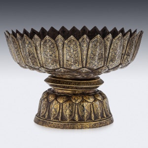 Antieke 19e-eeuwse Thaise massief zilveren vergulde Niello-emaille grote kom, Siam, ca.1800 afbeelding 3