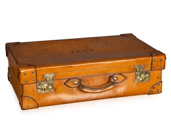 Antique 19th Century English Leather Overnight Case With Six Silver Topped Jars c.1881