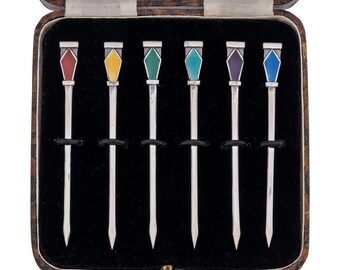 Antique 20th Century Art Deco Solid Silver 6 Cased Cocktail Picks, Birmingham, c.1934