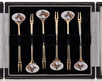 British 20th Century Solid Silver 6 Cased Cocktail Picks, Horse Racing, c.1960