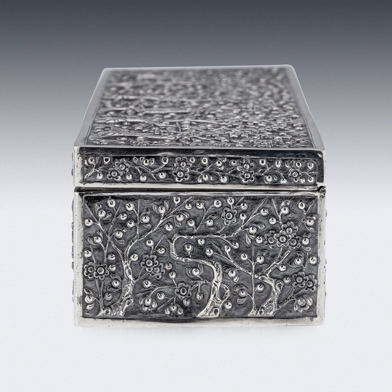 Antique 19th Century Chinese Export Solid Silver Cherry Blossom Box, Wang Hing c.1890 image 4