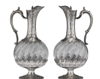 19thC French Solid Silver & Glass Pair Of Claret Jugs, Odiot c.1890