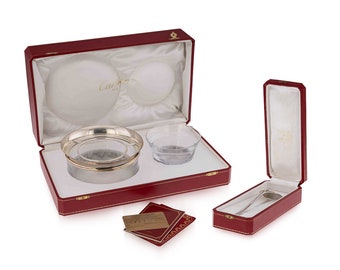 Cartier Solid Silver Glass Caviar Bowl & Serving Spoon Set, c.1990
