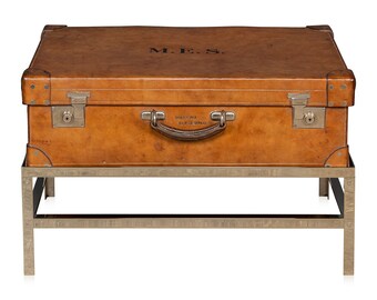 Antique 20th Century English Leather Trunk On Metal Stand, c1910