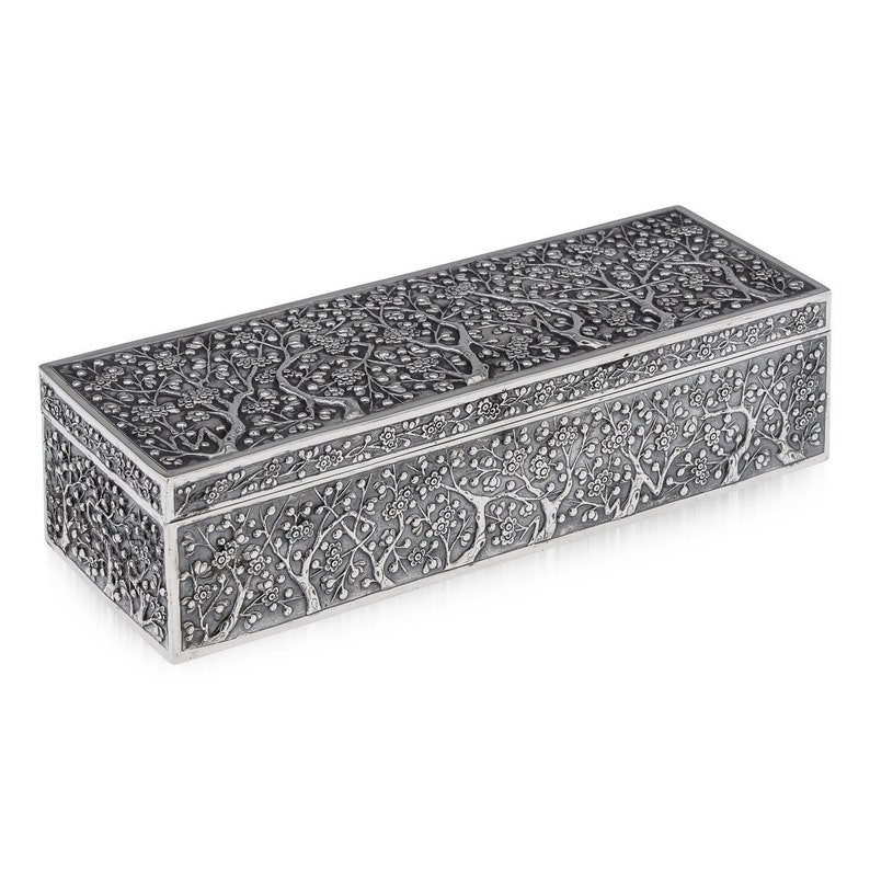 Antique 19th Century Chinese Export Solid Silver Cherry Blossom Box, Wang Hing c.1890 image 1