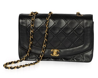 Vintage Medium Chanel Diana Flap Bag In Black Lambskin, With 24Ct Gold Hardware