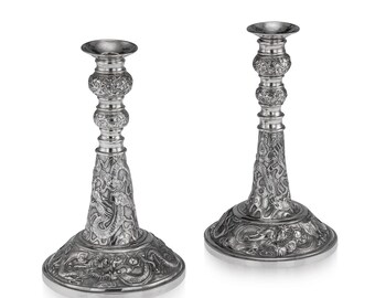 19thC Chinese Solid Silver Candlesticks, Wang Hing, Canton c.1890