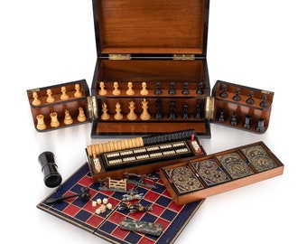 Antique 19th Century Victorian Walnut Games Compendium, Cards & Board Games c.1890