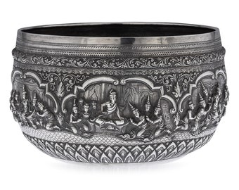 Antieke 19e-eeuwse uitzonderlijke Birmese massief zilveren Thabeik-kom, Rangoon, ca.1880
