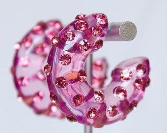 Pink Resin Rhinestone Hoop Earrings, Women Resin Hoops, Women Rhinestone Hoop Earrings