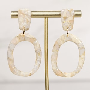 Champagne Pearl Marble Oval Drop Earrings | Handmade Polymer Clay Statement Earrings