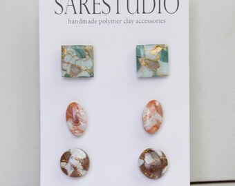 Stud Polymer Clay Earring Set of 3 - Clay Stud Pack - Gift for her - Christmas Gift - Neutral Earring Set - Marble Stud Earrings