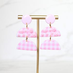 Gingham Clay Earrings in Pastel Pink | Handmade Statement Earrings | Lightweight Polymer Clay Jewelry | Summer Picnic Style
