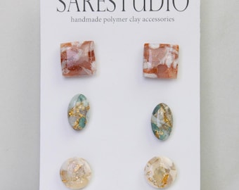 Stud Polymer Clay Earring Set of 3 - Clay Stud Pack - Gift for her - Christmas Gift - Neutral Earring Set - Marble Stud Earrings