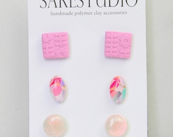 Stud Polymer Clay Earring Set of 3 - Clay Stud Pack - Gift for her - Christmas Gift - Neutral Earring Set - Marble Stud Earrings