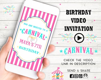 Pink Carnival Birthday Invitation, Carnival video Invitation , Girl Circus Birthday Invitation,  Carnival Birthday Invitation