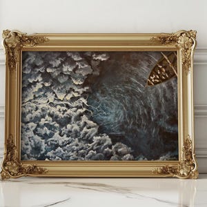 May include: A framed painting depicting a stormy seascape with a small boat navigating through choppy waves and dark clouds. The painting is framed in a gold ornate frame.