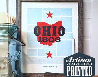 Ohio Wall Art, Letterpress Print, New Home Gift for Couple, New Apartment Housewarming, Cleveland Artwork, Toledo Art, Columbus Ohio Art