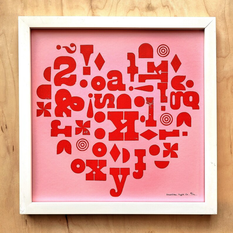 Letterpress Heart Print, Typography Wall Art, Gift for Graphic Designer, Modern Love Art, Unique Art Gift, Heart Art for Wall, Relief Print Red on Pink